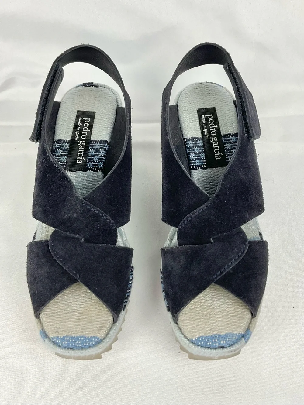 Pedro Garcia Navy Suede Wedge Sandals Fenen Espadrille Platform Sz 37.5